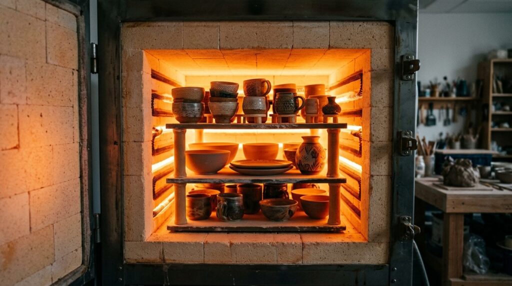Close-up of a well-maintained ceramic kiln interior showing 