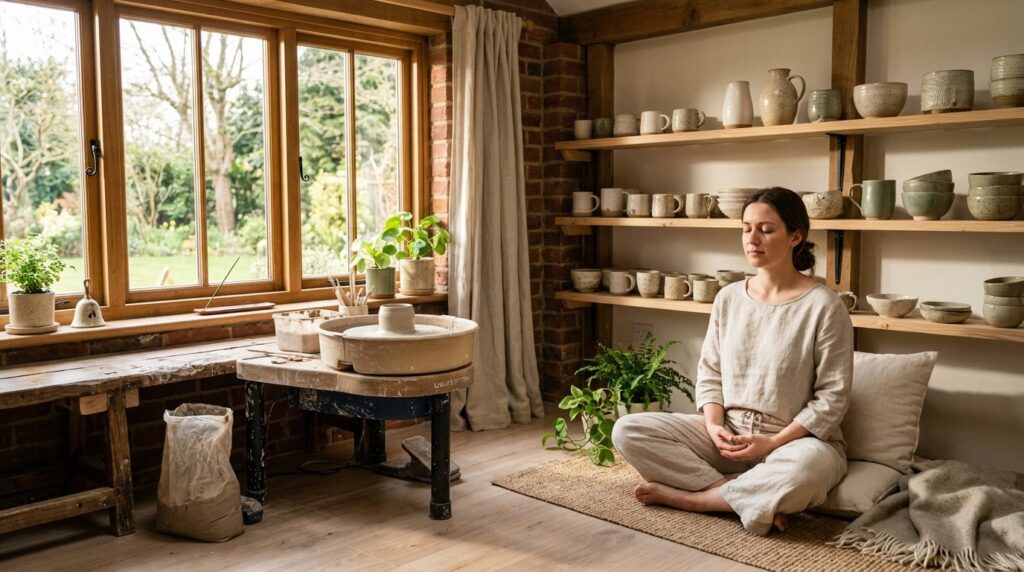Serene home studio scene of a person in mindful meditation p