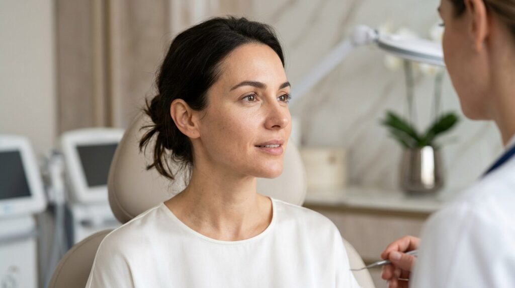 Close-up detail shot of a womans face during consultation w