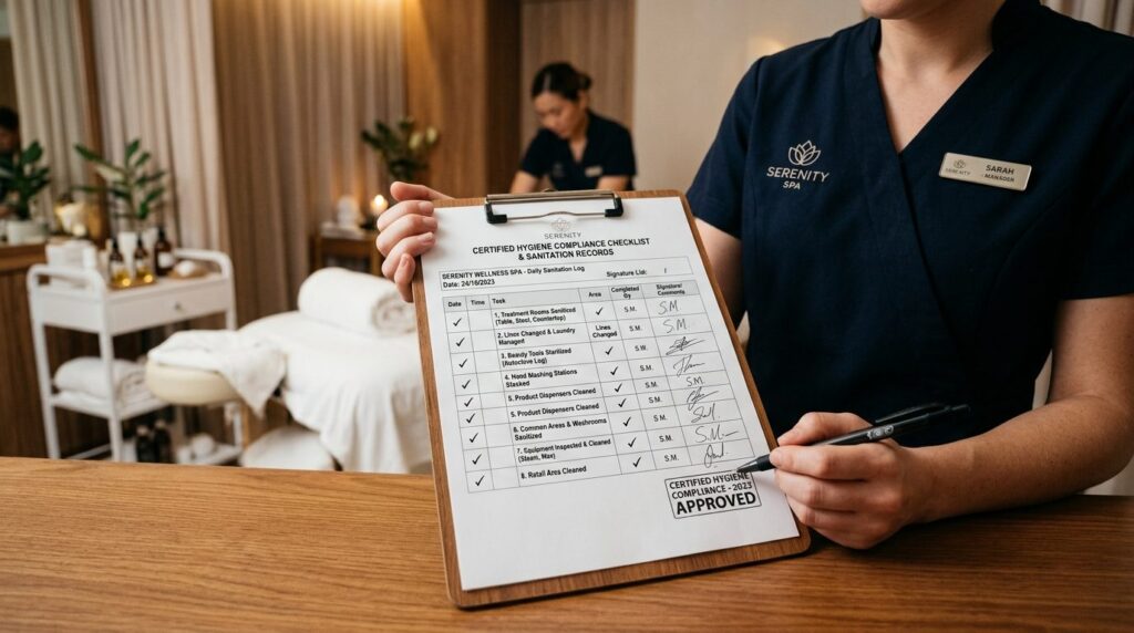 Close-up of certified hygiene compliance checklist and sanit