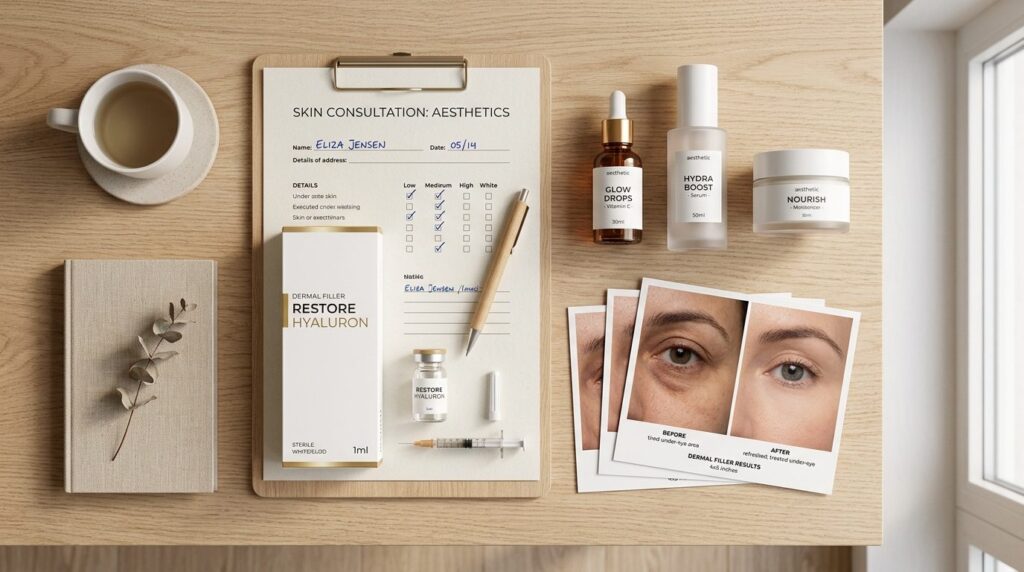 Overhead flat lay of aesthetic skincare products and consult