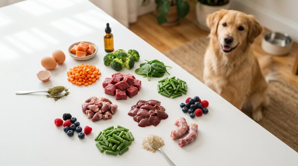 Close-up flat lay photography: Carefully arranged raw dog fo